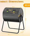 Dual Chamber Compost Bin Tumbler For Outdoors 37.5 Gallon size dimensions diagram in black