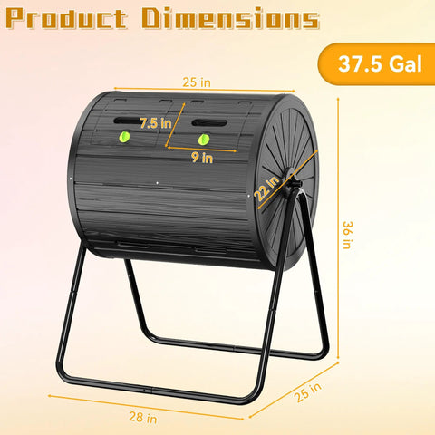 Dual Chamber Compost Bin Tumbler For Outdoors 37.5 Gallon size dimensions diagram in black
