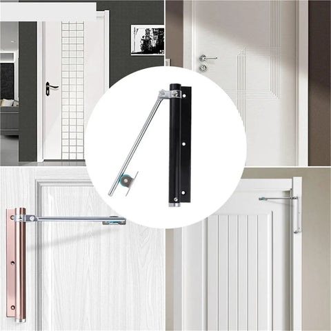 Aluminum Alloy Adjustable Door Closer 50 Kg Automatic Pulley Silent Soft Close installed on various doors in homes and shops