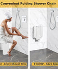 Folding Shower Chair Wall Mounted Fold Down Bath Seat With 440 Lb Capacity Sturdy Shower Bench for elderly shown folded and unfolded