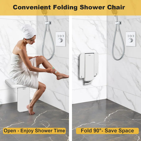 Folding Shower Chair Wall Mounted Fold Down Bath Seat With 440 Lb Capacity Sturdy Shower Bench for elderly shown folded and unfolded