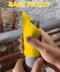 Hands using yellow Three Piece Foam Pipe Cutter Kit For Insulation Lagging Cutting Handy Fixture for precise foam pipe cutting.