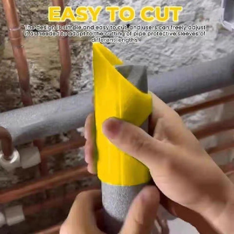 Hands using yellow Three Piece Foam Pipe Cutter Kit For Insulation Lagging Cutting Handy Fixture for precise foam pipe cutting.