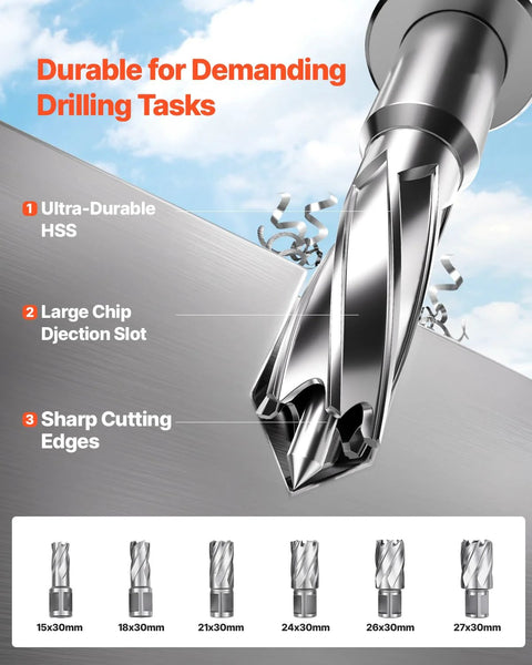 VEVOR magnetic drill press with 6 coring bits (15x30mm–27x30mm) on metal surface