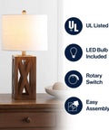 Brown Farmhouse Wood Table Lamp With White Linen Drum Shade 21.5 Inch Cozy Rustic Modern Bedside And Living Room Mood Light LED Bulb Included ETL Listed For Safety on a wooden table with features list.