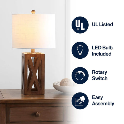 Brown Farmhouse Wood Table Lamp With White Linen Drum Shade 21.5 Inch Cozy Rustic Modern Bedside And Living Room Mood Light LED Bulb Included ETL Listed For Safety on a wooden table with features list.