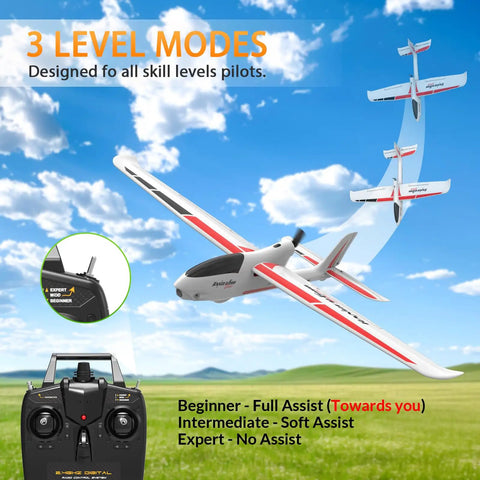 RC Glider Plane 4Ch with 6 Axis Gyro flying in blue sky, showcasing 3 flight modes and 2.4G remote control, large white airplane.