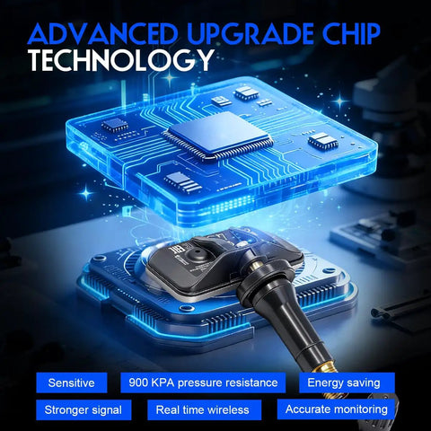 Close-up of Hella Smooth Ride TPMS Tire Pressure Monitor Sensor showing advanced chip technology and pressure resistance features.