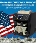 Bank Grade Mixed Denomination Money Counter With Reject Pocket And Printer Enabled next to USA flag and dollar bills