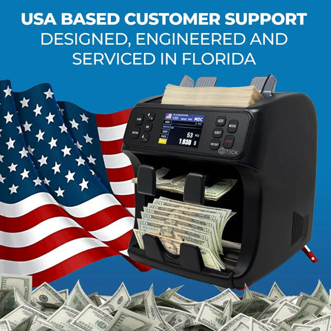 Bank Grade Mixed Denomination Money Counter With Reject Pocket And Printer Enabled next to USA flag and dollar bills
