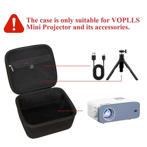 Grab And Go Travel Case Built Different For Voolls Mini Projector showing interior with dual zippers, compact design, and projector accessories.