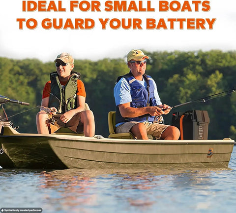 Heavy Duty Slick Smart Battery Box Fits Group 24 27 And 31 Cells Built In 12V Outlet on small boat during fishing trip.