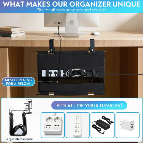 Under Desk Cable Organizer Tray With 20 Piece Kit, Breathable Mesh Vent Slot shown under desk with cables managed