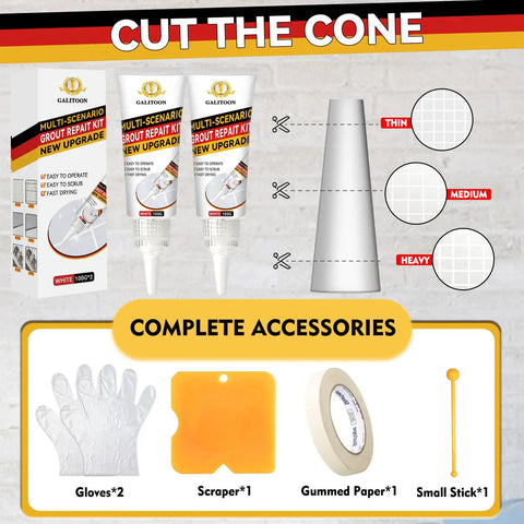 Diy Friendly Fast Drying Grout Repair Kit With Sealer For Tile Floors In Bathroom And Kitchen Recolor Cracks And Holes Renew Joints And Gaps White Grout Filler And Sealant Pen with accessories including gloves and scraper.