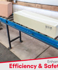 Light Duty Gravity Conveyor 18 Inch Wide By 5 Foot Long With Galvanized Steel Rollers, moving boxes in a warehouse setting.