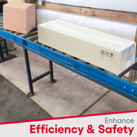 Light Duty Gravity Conveyor 18 Inch Wide By 5 Foot Long With Galvanized Steel Rollers, moving boxes in a warehouse setting.