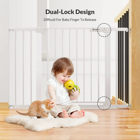 Child with kitten near Auto Close Baby Gate For Stairs And Doorways With Walk Through Access Extra Tall 30.5 Inch Gate Fits Openings 29.5 To 46 Inches Pressure Mounted White Pet Gate For Dogs And Kid Friendly Homes Easy Setup