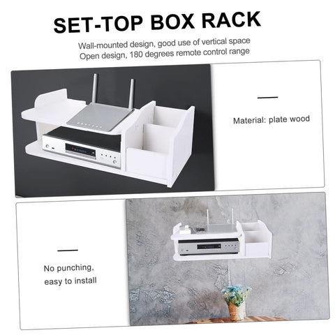 Heavy Duty Wall Mount Router Holder And Cable Management Rack With No Drill Quick Install And Thick Plate Storage Shelf For Your Home Office Setup Plus Sweet Ventilation And Solid Grip, plate wood material