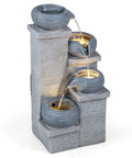4-Tier Outdoor Water Fountain with Cascading Bowls, 23 inch tall, warm LED lights, gray resin material