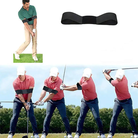 Retractable Golf Swing Trainer For Right Handed Players With Grip Aid And Arm Band In Use On Grass