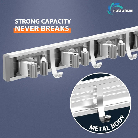 Wall Mount Broom Holder Storage Rack Kit 2 Pack With 5 Racks And 4 Hooks Silver Mop Organizer for Garage Kitchen shown in metal body.