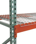Close-up of Rock Solid Teardrop Pallet Rack Frame 42 By 240 Inches Single Unit with sturdy steel beams and green posts.