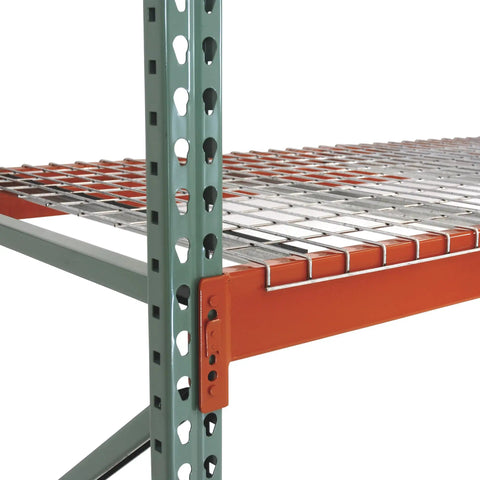 Close-up of Rock Solid Teardrop Pallet Rack Frame 42 By 240 Inches Single Unit with sturdy steel beams and green posts.