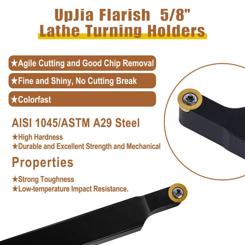 Heavy Duty Pro Grade Carbide Lathe Tool Kit With Blade Holder And Five Eighths Inch Shank, 10 RPMT10T3 Inserts, Includes SRAPR1616H10 And SRAPL1616H10, Plus 2 Wrenches For Metal Lathe Turning And Boring, showing 5/8 inch lathe turning holder with properties.