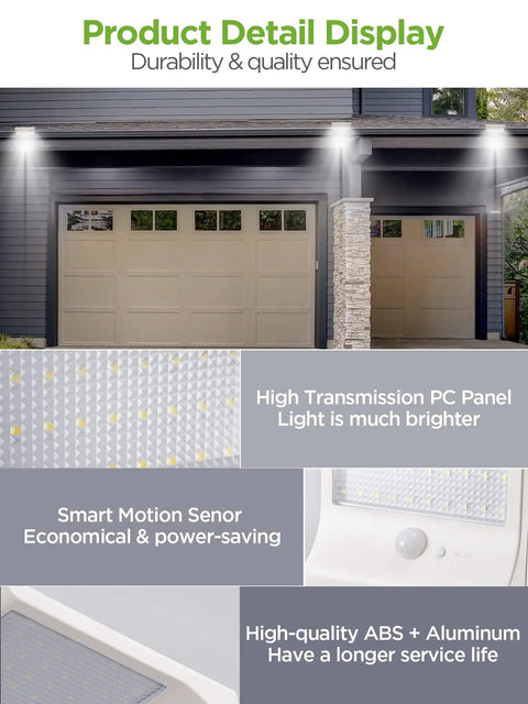 Outdoor Solar Wall Mount Lights Pack of 2 with 80 LEDs, motion sensor, 4 modes, IP65 waterproof, illuminating garage exterior
