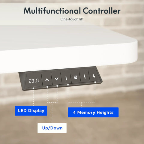 Electric Adjustable Workbench With 55 By 28 Inch Desk multifunctional controller with LED display and memory presets.