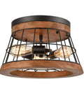 Round Wood Ceiling Light Fixture, Rustic Drum Flush Mount With Brown Oak Finish And Black Metal Wire Cage, Industrial Farmhouse Vibe For Living Room, E26 120V, 60W Max