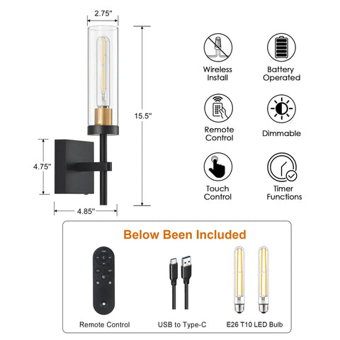 Battery Powered Wireless Wall Sconces With Remote Control Set Of 2 No Wiring Needed Black And Gold Dimmable Rechargeable LED Lights