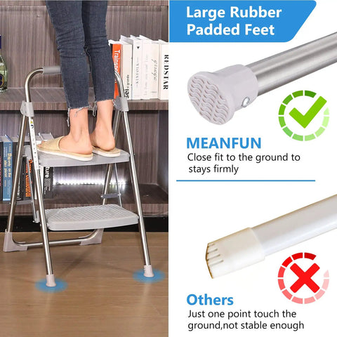 Person using Two Step Stainless Steel Folding Ladder With 500 Pound Capacity Wide Anti Slip Pedals And Beefy Durable Handgrip Lightweight Compact Step Stool For Kitchen Office Home Use Gray with large rubber feet
