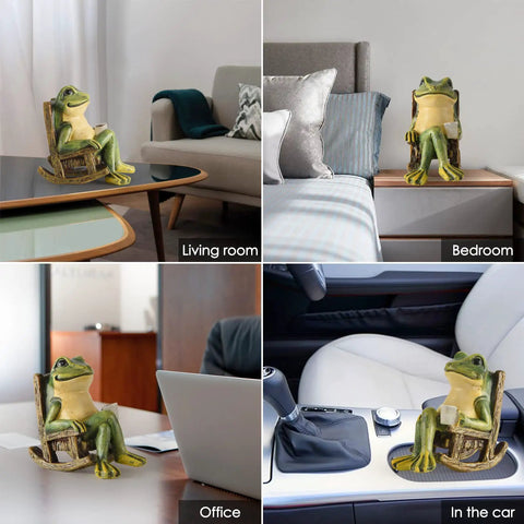 Mini Frog Garden Statue With Solar Lights in living room, bedroom, office, and car settings, cute fairy garden decor.