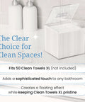 No Fuss Clear Acrylic Storage Box For Towels And Towelettes Countertop Dispenser Bin, 6.6" x 6.1" x 5.9", holds 50 facial wipes.