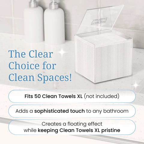 No Fuss Clear Acrylic Storage Box For Towels And Towelettes Countertop Dispenser Bin, 6.6" x 6.1" x 5.9", holds 50 facial wipes.