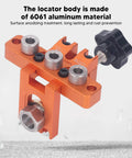3 In 1 Doweling Jig Kit With Clear Engraved Scale Drilling Locator Puncher For Woodworking And Furniture Assembly, Versatile Dowel Jig With Accurate Hole Alignment, Auxiliary Punch Plate And No Fuss Easy Setup. Orange aluminum body with knobs and scale.