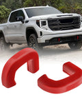 GMC Sierra 1500 with red tow hook covers, custom fit aluminum, 2019-2026 front hitch cover upgrade, car accessories visible