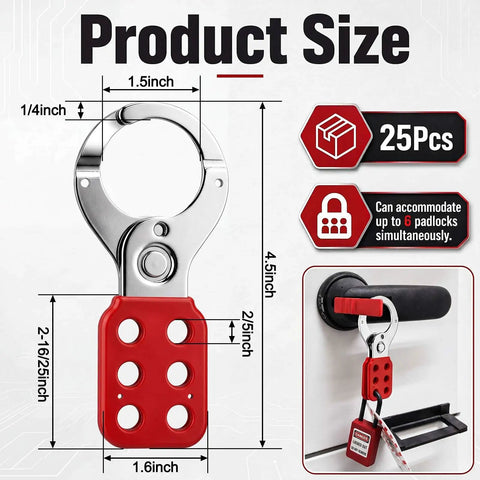Bulk 25 Pack 1.5 Inch Steel Safety Lockout Hasps With Chrome Steel And Dual Layer Nylon Handle dimensions and safety features displayed.