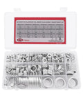 Premium Aluminum Crush Washer Kit With 570 Pieces In 18 Sizes From M6 To M24 for automotive oil drain plugs displayed in case.