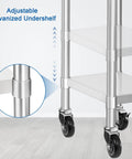 Pro Grade Stainless Steel Commercial Work Table With Wheels For Kitchens And Labs showing adjustable galvanized undershelf