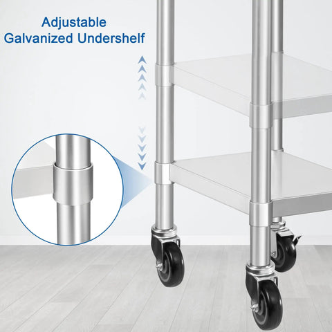 Pro Grade Stainless Steel Commercial Work Table With Wheels For Kitchens And Labs showing adjustable galvanized undershelf