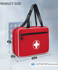 Portable First Aid Bag With Reflective Strips Empty Emergency Trauma Kit Multi Compartment Medical Organizer For Travel Camping Car Outdoor And Home Clear Pockets And Elastic Straps Red, side view with dimensions.