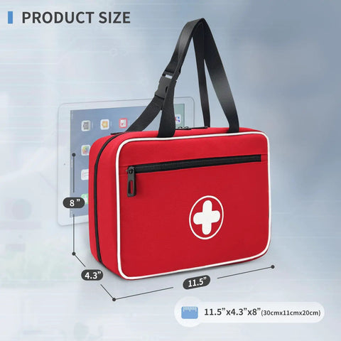Portable First Aid Bag With Reflective Strips Empty Emergency Trauma Kit Multi Compartment Medical Organizer For Travel Camping Car Outdoor And Home Clear Pockets And Elastic Straps Red, side view with dimensions.