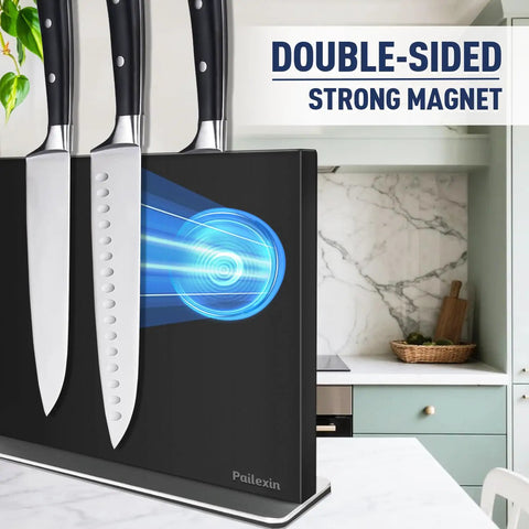 Double-Sided Magnetic Knife Holder Stand With Strong Magnets, Black Stainless Steel Knife Block For Kitchen Countertop, Suspends 10-14 Blades, Easy Knife Storage Organizer, Knives Not Included