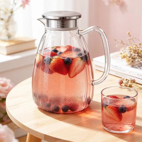 2.2L Glass Pitcher With Lid And Handle, Borosilicate Water Carafe, Stainless Steel Dual Filter Lid, Heat Resistant For Hot And Cold Bevs Like Iced Tea, Coffee, Juice, And Cold Brew filled with fruit-infused water.