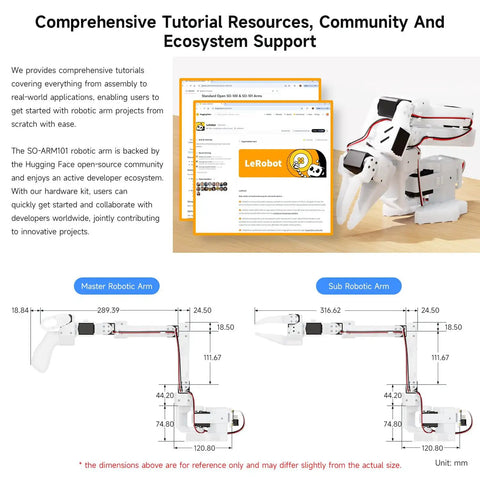 Open Source 6 Axis Robotic Arm Kit With High Torque Bus Servo And Native LeRobot Support 3D Printed Photosensitive Resin Parts Easy DIY 3D Printer Friendly 3D Parts Kit For Creative Robotics Projects, dimensioned master and sub arms