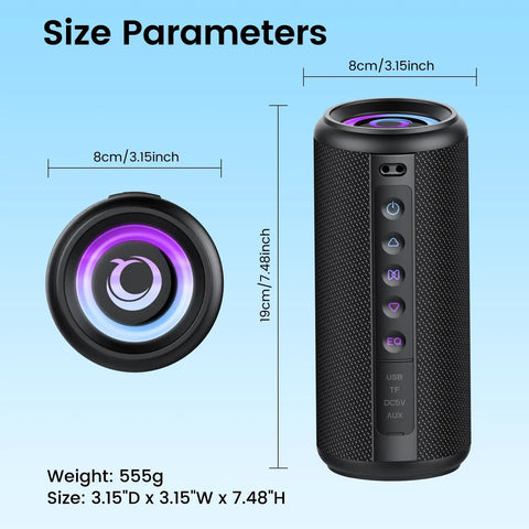 Portable Bluetooth Speaker With Bluetooth 5.4, 20W HD Loud Stereo Sound, TWS Pairing, RGB Lights, shown with size parameters.
