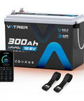 Self Heating LiFePO4 Battery With App Monitoring, 12.8V 300Ah, 3840Wh, with built-in 200A BMS, shown with app and straps