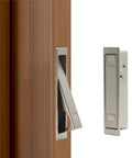 Pocket Door Handle Kit With Flush Recessed Pull In Brushed Nickel, Auto Retract Design, Easy Press Release, One-Hand Operation, Durable Solid Construction, No-Fuss Finger Edge Access, 2 Pack on wood door